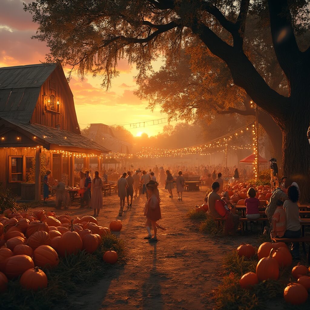Fun Things to Do in Mount Dora: Your Ultimate Weekend Escape Guide Children participating in fall farm festival activities at sunset amidst rustic barns adorned with string lights, glowing pumpkin patches and hay bales in warm evening light, with parents watching from picnic tables under oak trees draped with Spanish moss.