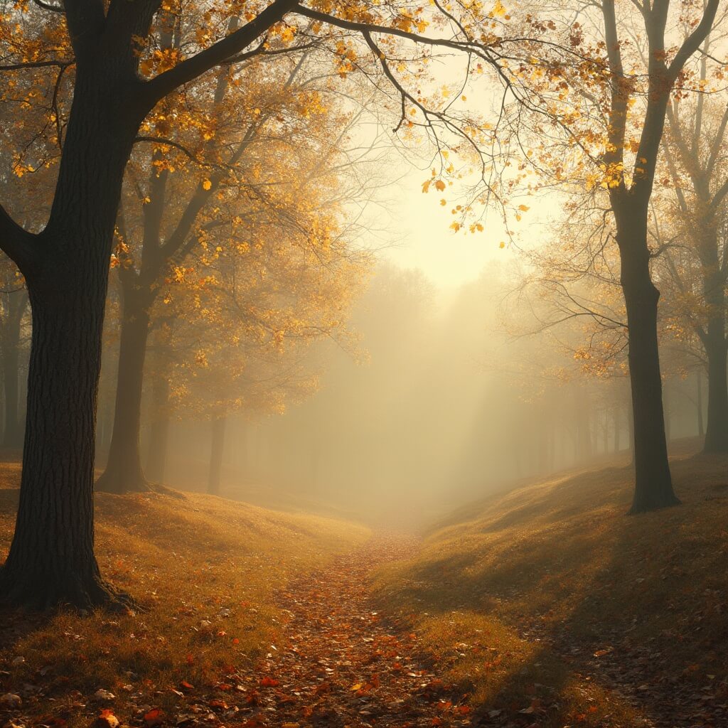 September in St. Petersburg: Your Ultimate Travel Guide to Two Incredible Cities Dramatic early autumn landscape of Pavlovsk Park in Russia, showcasing golden leaves falling, misty morning light through bare trees, a watercolor-like view with soft amber and gold tones, in an empty, imperial style setting.