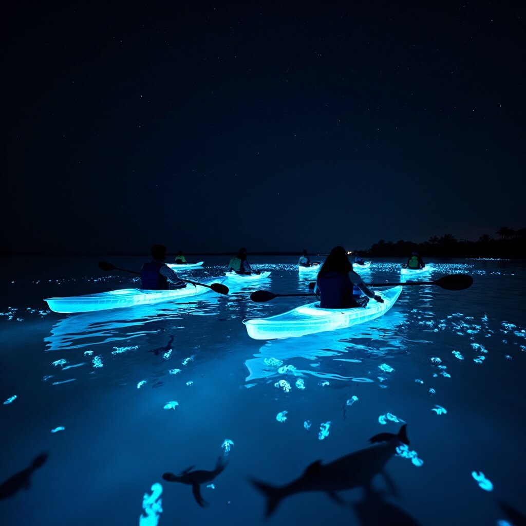 Key West in August: Your Ultimate Tropical Paradise Guide 🌴🍹 LED-illuminated kayaks cruising in bioluminescent waters under a star-filled night sky in Key West, revealing underwater marine life