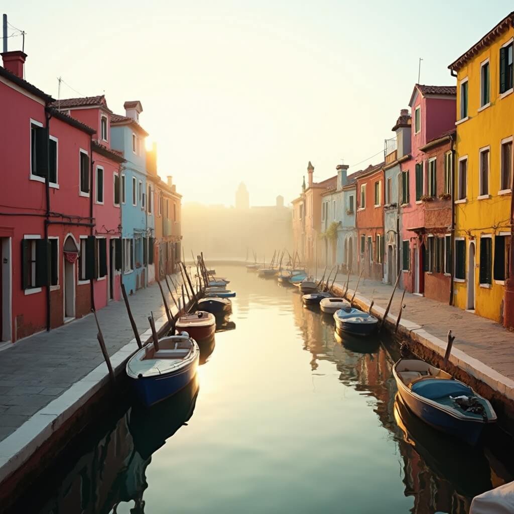 Unlock Venice: Your Ultimate Guide to Mind-Blowing Experiences Early morning in Burano with sunlight casting shadows over canal lined with colorful houses reflected in the water, fishing boats moored along the edges, and empty cobblestone streets under a pastel sky.