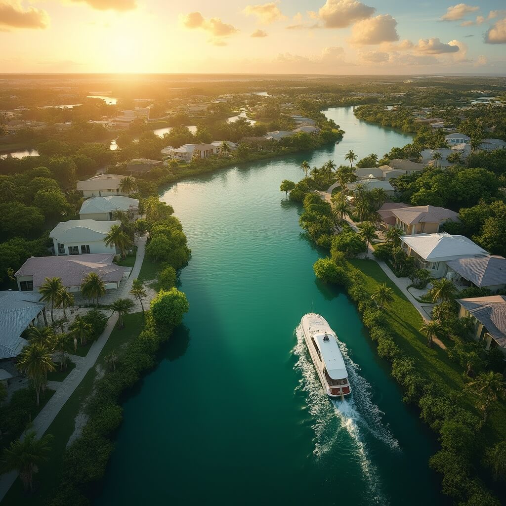 Aerial view of Cape Coral's canal system at sunset with boats, waterfront homes, and tropical vegetation