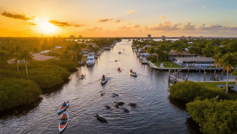 Fun Things to Do in Cape Coral: Your Ultimate Guide to Florida's Hidden Adventure Paradise "Aerial view of Cape Coral's canal system at sunset with various activities including kayaking, dolphins swimming, and owls nesting; Yacht Club Park and pier visible in the distance."