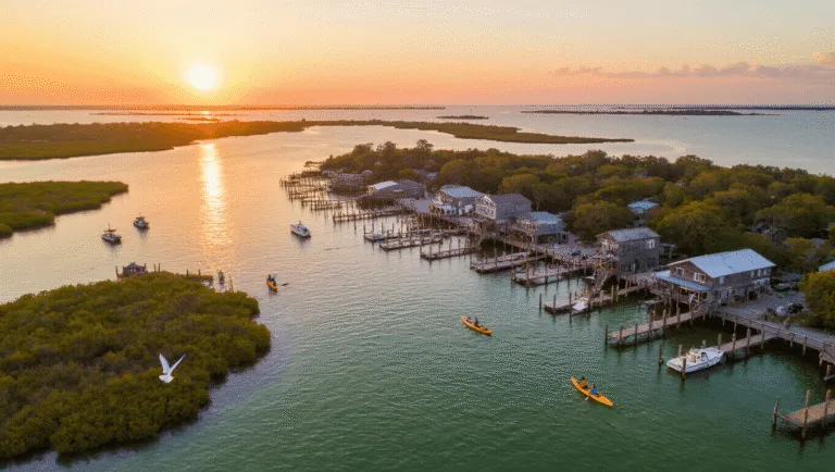 Uncover the Hidden Gem of Florida: Cedar Key's Unmissable Adventures and Secret Spots "Sunset view of Cedar Key with aerial shot of docks, fishing boats, kayakers, birds in flight, historic waterfront buildings, and distant wildlife refuge islands, capturing vintage Old Florida charm."