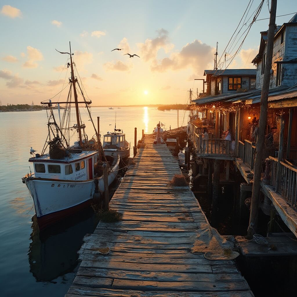 Uncover the Hidden Gem of Florida: Cedar Key's Unmissable Adventures and Secret Spots Sundown at Cedar Key with weathered docks, rustic fishing boats, seafood restaurants, and fishing equipment, under a golden light with seabirds flying overhead