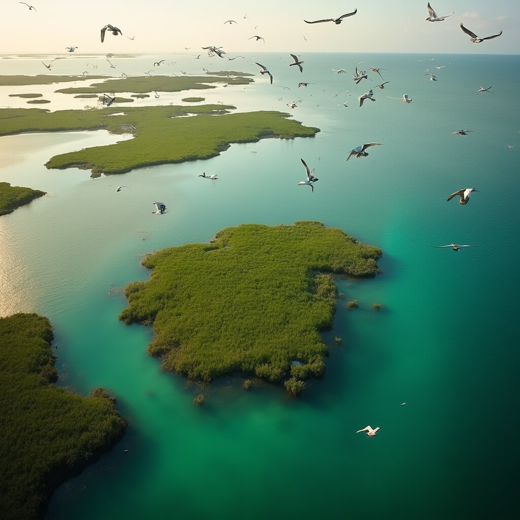 Uncover the Hidden Gem of Florida: Cedar Key's Unmissable Adventures and Secret Spots Panoramic aerial view of lush green Cedar Key wildlife refuge islands surrounded by turquoise waters with various bird species in flight during golden hour, detailing mangrove edges and pristine natural environment