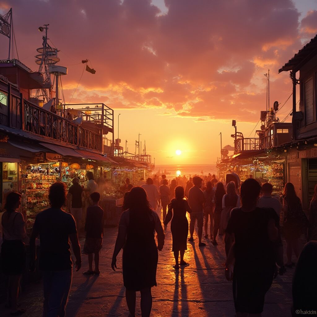 Escape to Paradise: The Ultimate Clearwater Adventure Guide You Can't Miss Bustling Pier 60 at sunset with silhouetted people, craft vendors, street performers, live music and a carnival-like atmosphere with a dramatic orange and purple sky and Gulf of Mexico in the background