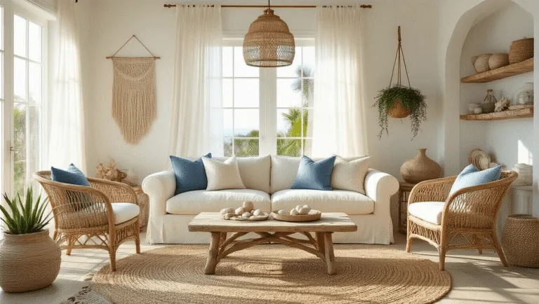 Beachy Coastal Boho Decor: Create Your Dreamy, Laid-Back Paradise at Home Photorealistic coastal bohemian living room featuring a cream linen sofa, rattan armchairs, driftwood coffee table, and oversized jute rug, bathed in golden hour sunlight with sheer white curtains and macramé wall hangings.