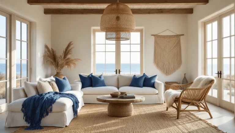 Coastal Boho Decor: Create Your Dreamy, Laid-Back Sanctuary Cinematic wide shot of a sun-drenched coastal bohemian living room featuring a plush ivory linen sofa, textured cushions, vintage throw blankets, and rattan furniture, accentuated by natural lighting and decorative elements like a macramé wall hanging and dried plants.
