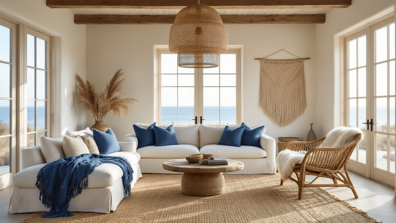 Cinematic wide shot of a sun-drenched coastal bohemian living room featuring a plush ivory linen sofa, textured cushions, vintage throw blankets, and rattan furniture, accentuated by natural lighting and decorative elements like a macramé wall hanging and dried plants.