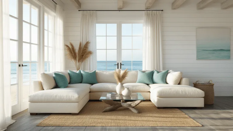 Coastal Calm: Your Ultimate Guide to Breezy, Beach-Inspired Home Decor A sunlit coastal living room featuring a cream linen sectional sofa with seafoam and blue pillows, a driftwood coffee table with pampas grass, white shiplap walls, and woven pendant lights, all bathed in warm, natural light during golden hour.