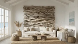 Coastal Driftwood Wall Decor: Transform Your Space with Natural Beach-Inspired Elegance A sunlit coastal living room with a weathered driftwood wall, white walls, and floor-to-ceiling windows, featuring an ivory linen sofa, natural fiber rugs, and decorative elements in sand and seafoam hues.