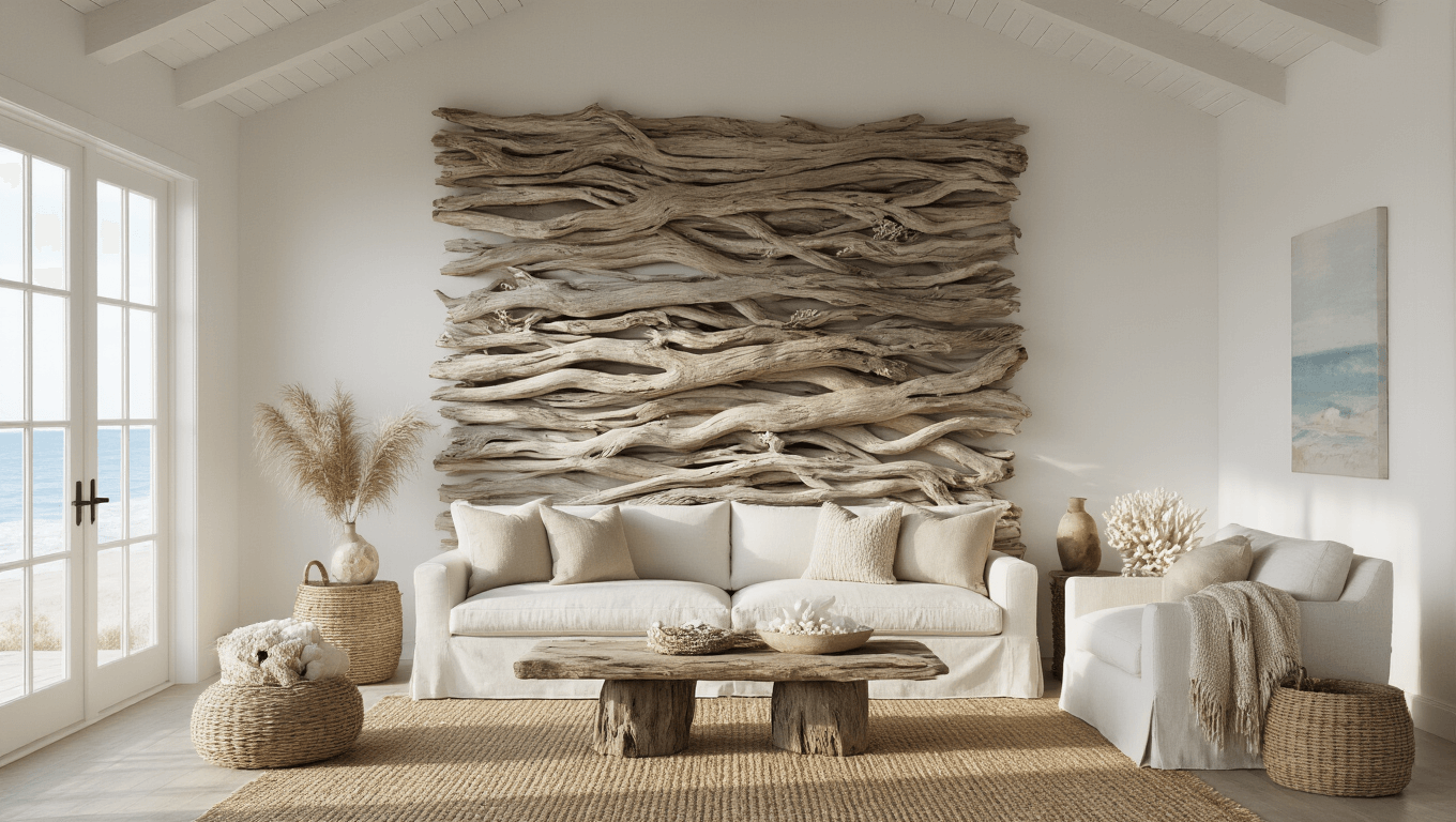 A sunlit coastal living room with a weathered driftwood wall, white walls, and floor-to-ceiling windows, featuring an ivory linen sofa, natural fiber rugs, and decorative elements in sand and seafoam hues.