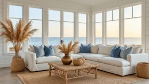 Coastal Fall Decor: Transform Your Space with Serene Seaside Autumn Vibes A sunlit coastal living room with floor-to-ceiling ocean views, featuring a cream sectional with blue and sand pillows, a jute rug, a rattan coffee table with palm fronds, and handcrafted rope pumpkins, all highlighted by soft natural lighting and a serene autumn ambiance.