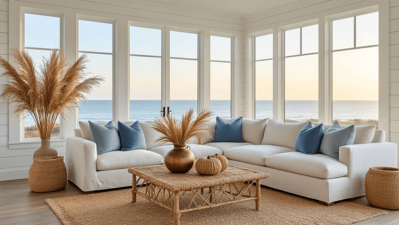 A sunlit coastal living room with floor-to-ceiling ocean views, featuring a cream sectional with blue and sand pillows, a jute rug, a rattan coffee table with palm fronds, and handcrafted rope pumpkins, all highlighted by soft natural lighting and a serene autumn ambiance.