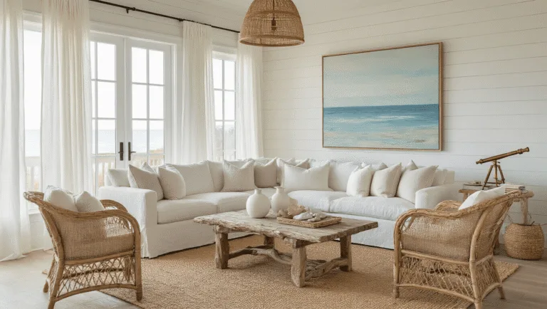 Coastal Living Room Decor: Your Ultimate Guide to Creating a Breezy, Serene Space Photorealistic interior of a sunlit coastal living room at golden hour, featuring tall windows with sheer curtains, an ivory slipcovered sofa, driftwood coffee table, rattan armchairs, and a jute rug over oak floors, adorned with coral decor, an abstract seascape painting, a brass telescope, and a fiddle leaf fig, all illuminated by warm light and intricate shadows.