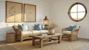 Vintage Coastal Decor: Your Ultimate Guide to Nautical Nostalgia A sun-drenched coastal living room with white shiplap walls, a weathered driftwood coffee table, oversized rattan armchair, vintage brass lantern, and an inviting atmosphere during golden hour.