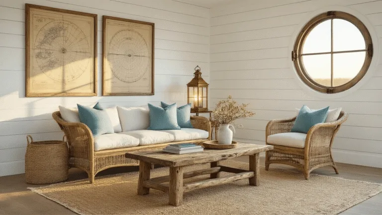 Vintage Coastal Decor: Your Ultimate Guide to Nautical Nostalgia A sun-drenched coastal living room with white shiplap walls, a weathered driftwood coffee table, oversized rattan armchair, vintage brass lantern, and an inviting atmosphere during golden hour.