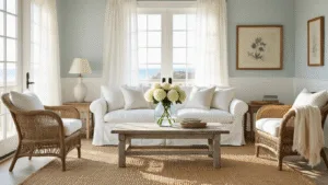Coastal Grandma Decor: Your Ultimate Guide to Effortless Seaside Elegance A sunlit coastal living room featuring a white slipcovered sofa, weathered rattan armchairs, and a driftwood coffee table with white hydrangeas, bathed in warm golden hour light.