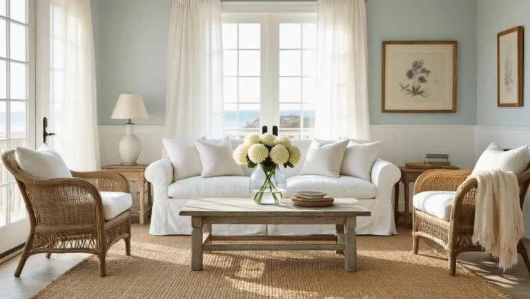 Coastal Grandma Decor: Your Ultimate Guide to Effortless Seaside Elegance A sunlit coastal living room featuring a white slipcovered sofa, weathered rattan armchairs, and a driftwood coffee table with white hydrangeas, bathed in warm golden hour light.