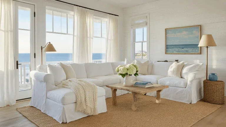 Coastal Grandmother Decor: Create Your Serene Seaside Sanctuary A serene coastal living room featuring airy white furnishings, sheer curtains, and ocean views, adorned with natural textures and a muted color palette, captured in soft golden hour lighting.