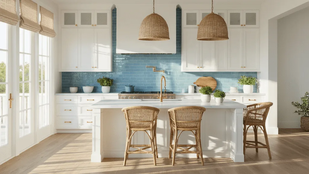 Coastal Kitchen Decor: Transform Your Space into a Breezy Seaside Sanctuary A sunlit coastal kitchen featuring white shaker cabinets, a quartzite waterfall island, and natural rattan barstools, accented by sea-glass blue tiles and woven pendant lights, with potted herbs and vintage glass bottles enhancing the serene atmosphere.