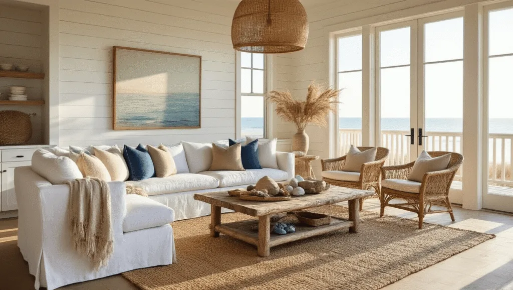 Cinematic wide-angle shot of a sunlit coastal living room featuring a white sofa, teak chairs, and natural decor elements, illuminated by golden hour light.