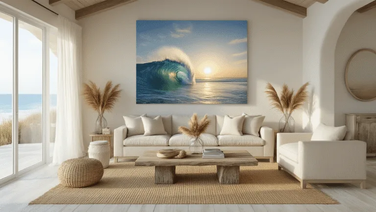Large Coastal Wall Decor: Transform Your Space into a Serene Beach Retreat Photorealistic coastal living room featuring a vaulted ceiling, sand beige linen sofa, driftwood coffee table, and ocean wave canvas art, illuminated by golden hour sunlight filtering through white gauzy curtains.