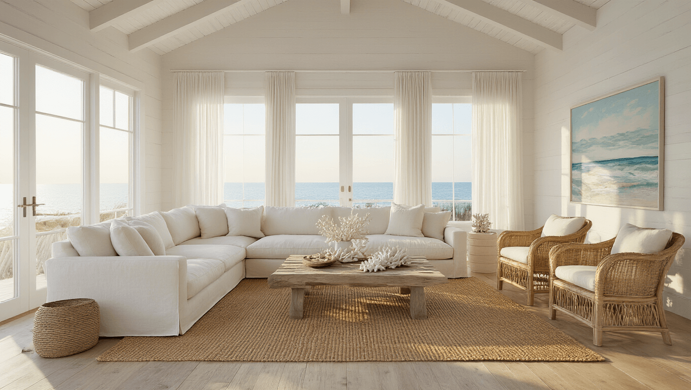 Photorealistic coastal living room featuring whitewashed cathedral ceilings, bleached oak floors, an oversized ivory linen sectional, rattan chairs, and a driftwood coffee table, bathed in warm golden hour light from floor-to-ceiling windows with gauzy curtains.
