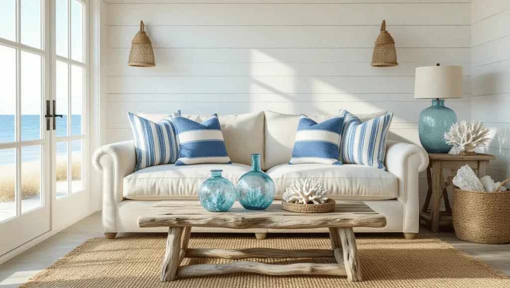 A bright and airy coastal living room featuring white-washed shiplap walls, an oatmeal linen sofa with blue and white striped pillows, a driftwood coffee table on a jute rug, and coastal decor elements like seaglass vases and coral specimens, all bathed in warm afternoon light.