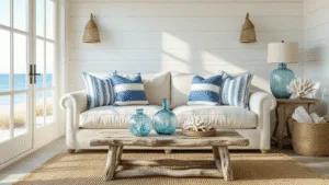 Coastal Clearance Deals: Score Amazing Beach-Inspired Home Decor on a Budget A bright and airy coastal living room featuring white-washed shiplap walls, an oatmeal linen sofa with blue and white striped pillows, a driftwood coffee table on a jute rug, and coastal decor elements like seaglass vases and coral specimens, all bathed in warm afternoon light.