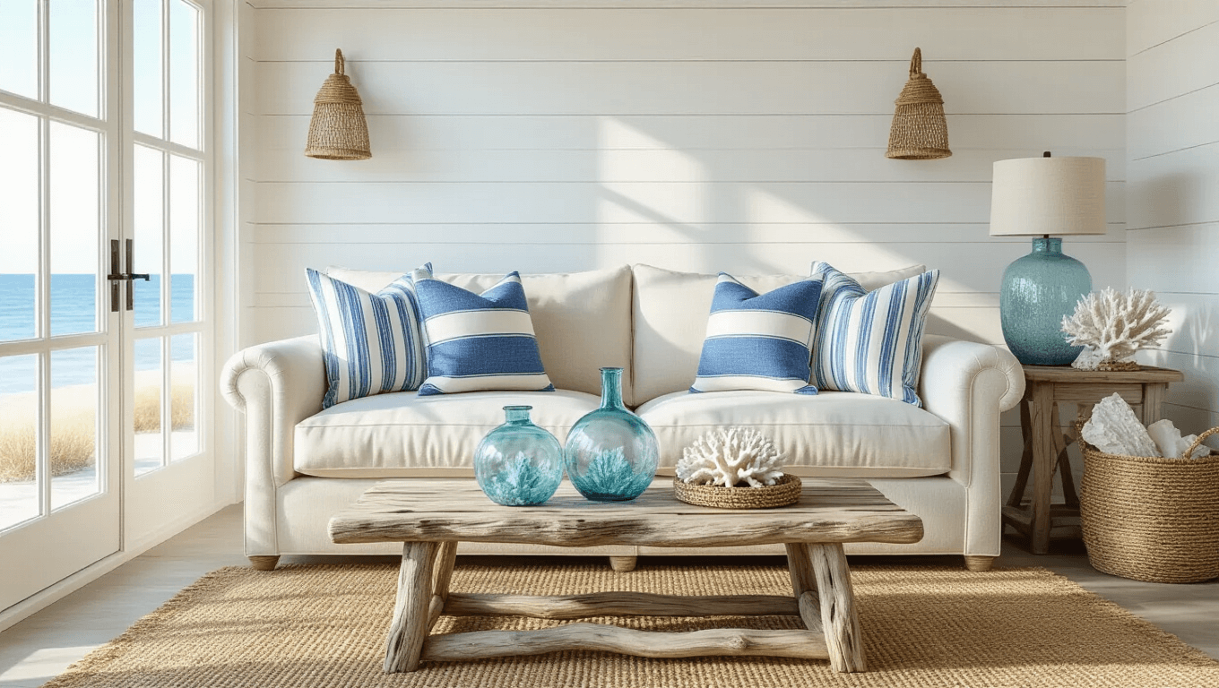 A bright and airy coastal living room featuring white-washed shiplap walls, an oatmeal linen sofa with blue and white striped pillows, a driftwood coffee table on a jute rug, and coastal decor elements like seaglass vases and coral specimens, all bathed in warm afternoon light.