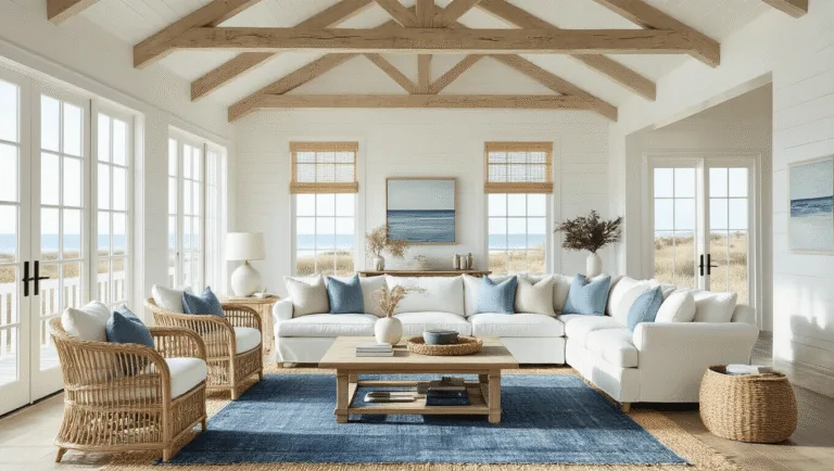 Pottery Barn Coastal Decor: Your Ultimate Guide to Creating a Seaside Sanctuary at Home A sun-drenched coastal living room with white-planked cathedral ceilings, exposed oak beams, an ivory linen sectional, rattan chairs, and a driftwood coffee table, illuminated by natural light filtering through large windows, featuring ocean-themed decor and a capiz shell chandelier.