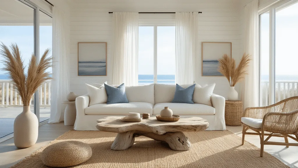 Effortless Coastal Modern Decor: Transform Your Space into a Serene Seaside Retreat Photorealistic interior of a coastal modern living room featuring a cream linen slipcovered sofa, a jute rug, and an asymmetrical driftwood coffee table, bathed in soft natural sunlight from floor-to-ceiling windows, with textured pillows and minimal coastal artwork, creating a serene ambiance.