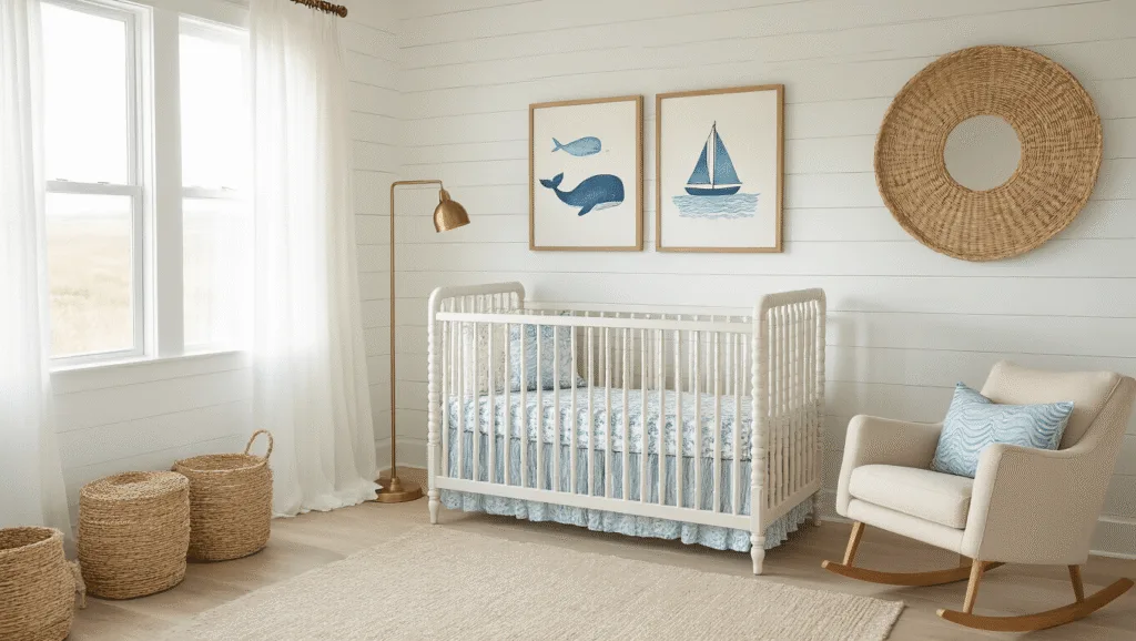 Coastal Nursery Decor: Creating a Serene Ocean-Inspired Baby Haven A serene coastal nursery with shiplap walls and oak flooring, featuring a weathered crib with ocean-patterned bedding, a plush rocking chair, and soft natural light creating a dreamy atmosphere.