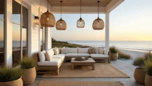 Coastal Outdoor Decor: Transform Your Space into a Seaside Sanctuary Luxurious beachfront patio at golden hour, featuring weathered teak sectional, ivory cushions, layered jute rugs, oversized rattan pendant lights, seagrass planters, sheer white curtains, and vintage brass lanterns, with ocean waves softly visible in the background.