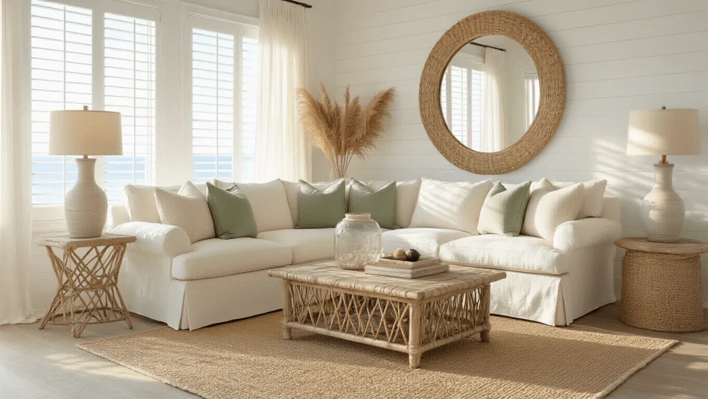 Coastal Beach House Decor: Transform Your Space into a Seaside Sanctuary Photorealistic image of a sunlit coastal living room featuring a cream L-shaped linen sofa, layered rugs, a driftwood coffee table, and a large rattan-framed mirror, with soft colors and minimal coastal decor.