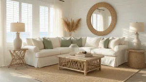Coastal Beach House Decor: Transform Your Space into a Seaside Sanctuary Photorealistic image of a sunlit coastal living room featuring a cream L-shaped linen sofa, layered rugs, a driftwood coffee table, and a large rattan-framed mirror, with soft colors and minimal coastal decor.