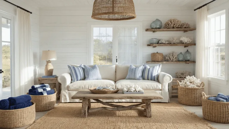 Rustic Coastal Decor: Transform Your Space into a Seaside Sanctuary Photorealistic interior of a sun-drenched coastal living room with white shiplap walls, a plush oatmeal linen slip-covered sofa with blue and white striped pillows, and a weathered driftwood coffee table. Natural jute rugs, vintage glass fishing floats, and weathered coral adorn reclaimed wood shelves. Large windows with gauzy curtains allow soft morning light to filter in, highlighting seagrass baskets with navy throws. A rope-wrapped chandelier hangs above distressed teak side tables and a woven rattan chair, styled in a coastal palette of blues, beiges, and whites.