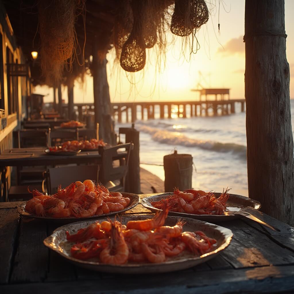 Why Panama City Beach in February is Your Ultimate Winter Escape Tranquil seafood restaurant on wooden dock at sunset, fresh shrimp on rustic plates, fishing nets and Gulf Coast waters in background