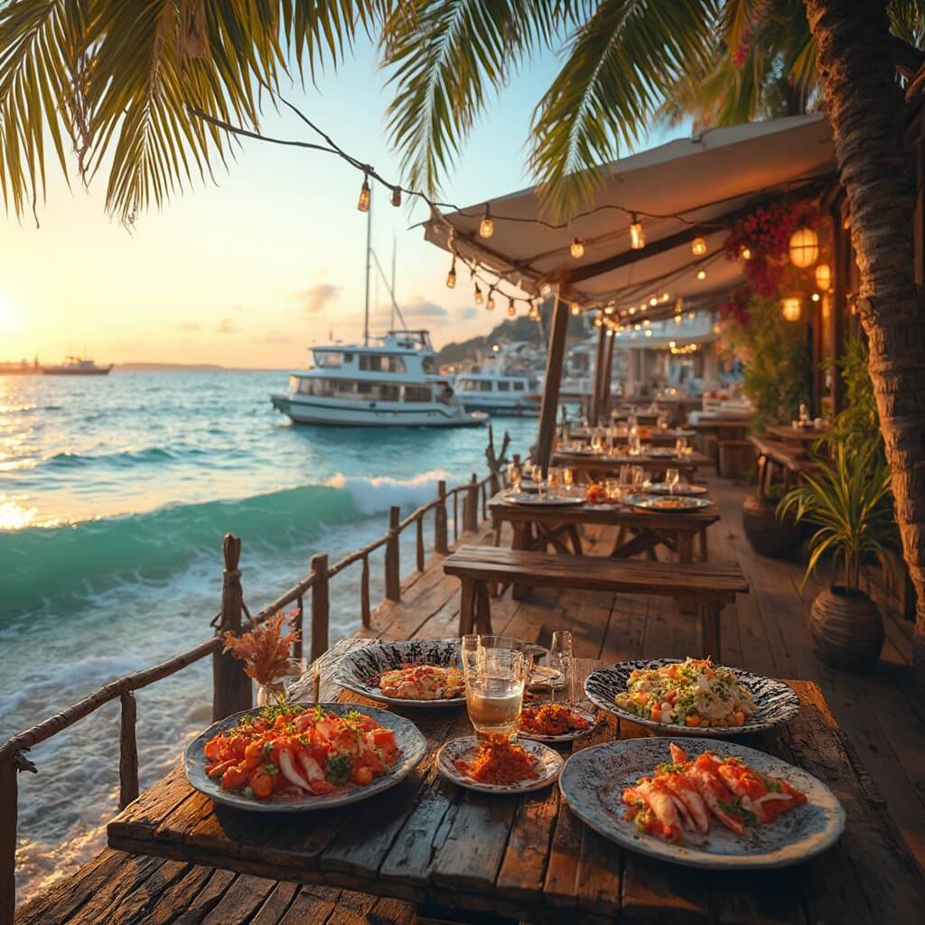 Unlocking Paradise: The Ultimate Anna Maria Island Adventure Guide Waterfront restaurant terrace during golden hour, with string lights illuminating rustic tables serving fresh seafood, overlooking turquoise waters and sailboats amidst palm trees