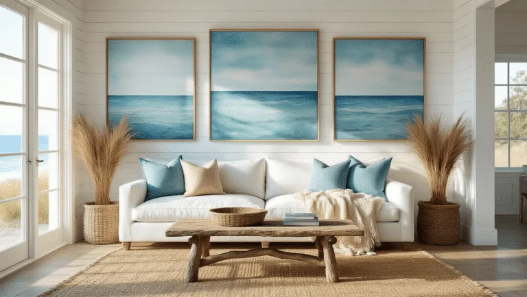 Coastal Wall Decor: Transform Your Space with Beach-Inspired Artistry Photorealistic wide shot of a sunlit coastal living room featuring white shiplap walls with large watercolor seascapes, a driftwood coffee table on a jute rug, and cascading coastal grasses in woven baskets, all captured in soft golden hour lighting.