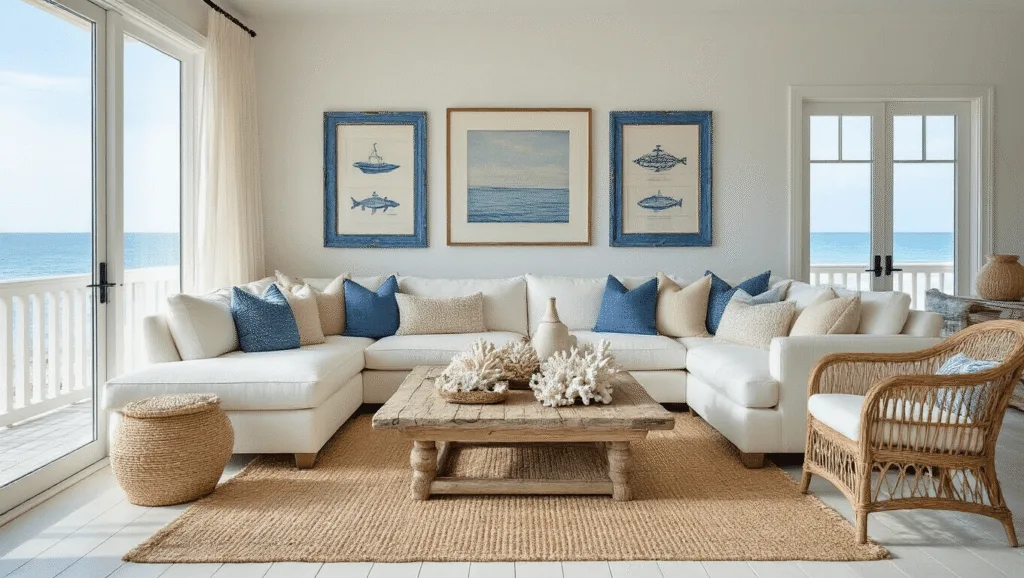 Coastal Decor Near Me: Your Ultimate Shopping Guide Cinematic wide-angle view of a luxurious coastal living room with floor-to-ceiling windows, featuring an ivory sectional, driftwood coffee table with coral and sea glass, layered jute rugs, maritime art, and airy curtains, all illuminated by soft golden hour sunlight.