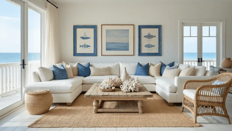 Coastal Decor Near Me: Your Ultimate Shopping Guide Cinematic wide-angle view of a luxurious coastal living room with floor-to-ceiling windows, featuring an ivory sectional, driftwood coffee table with coral and sea glass, layered jute rugs, maritime art, and airy curtains, all illuminated by soft golden hour sunlight.