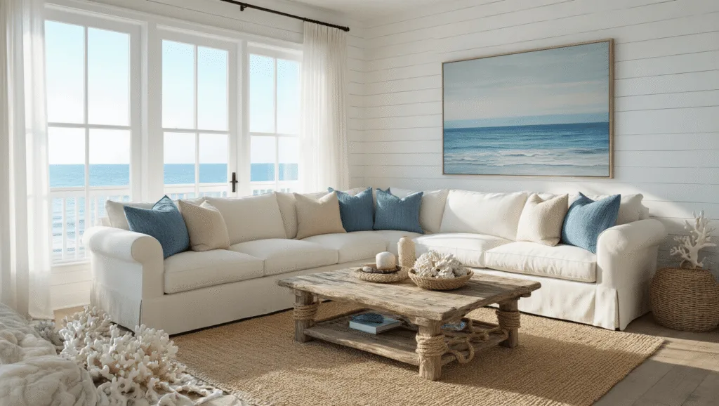 A sunlit coastal living room featuring an ivory L-shaped sectional, a weathered driftwood coffee table, and large ocean horizon artwork, with floor-to-ceiling windows, exposed beams, and decorative accents, all in a photorealistic style.