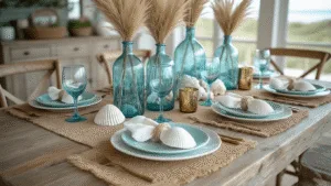 Coastal Table Decor: Transform Your Dining Space into a Seaside Sanctuary Coastal dining table setting on a weathered oak farmhouse table with aqua blue glassware and beach-inspired decor, captured in soft daylight during golden hour.