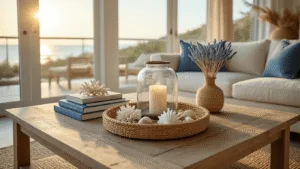 Coastal Coffee Table Decor: Transform Your Living Space into a Serene Beach Retreat Photorealistic interior shot of a sunlit coastal living room featuring a weathered teak coffee table styled with natural elements, including a hand-blown glass hurricane lantern and maritime objects like white coral, blue-spine books, and seashells, complemented by an ivory linen sofa and jute rug in a soft color palette.