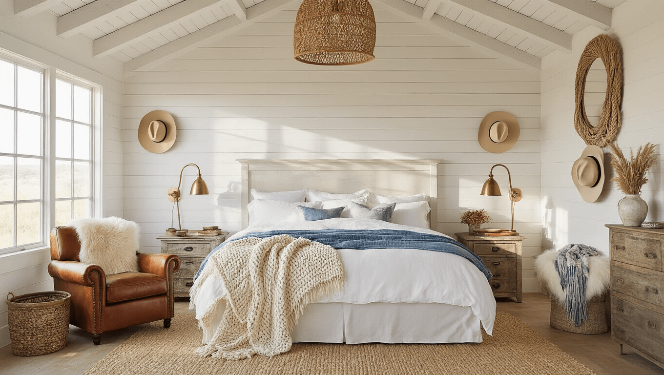 A sunlit coastal cowgirl bedroom featuring white-washed wooden beams, a king-sized bed with white linens and denim blue throws, a cognac leather armchair, vintage cowboy hats, and natural textures from jute and seagrass, all captured in warm golden hour light.