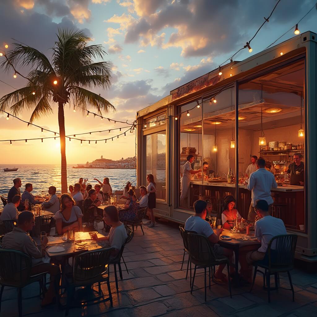 Tampa Unleashed: Your Ultimate Playground of Thrills, Culture, and Hidden Gems Sunset view of a bustling waterfront dining area with repurposed shipping container restaurants, people at outdoor tables under string lights, palm trees and chef in open-kitchen with coastal views, bathed in golden hour light.