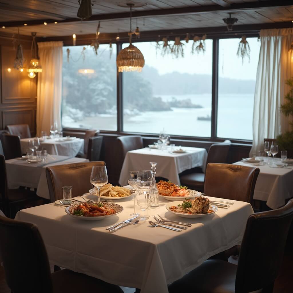 Why Panama City Beach in January Will Blow Your Mind (Without Breaking the Bank) Interior of a cozy seafood restaurant with warm lighting, empty tables with white tablecloths, large windows overlooking a misty winter beach, and table settings with fresh local seafood under the soft winter light