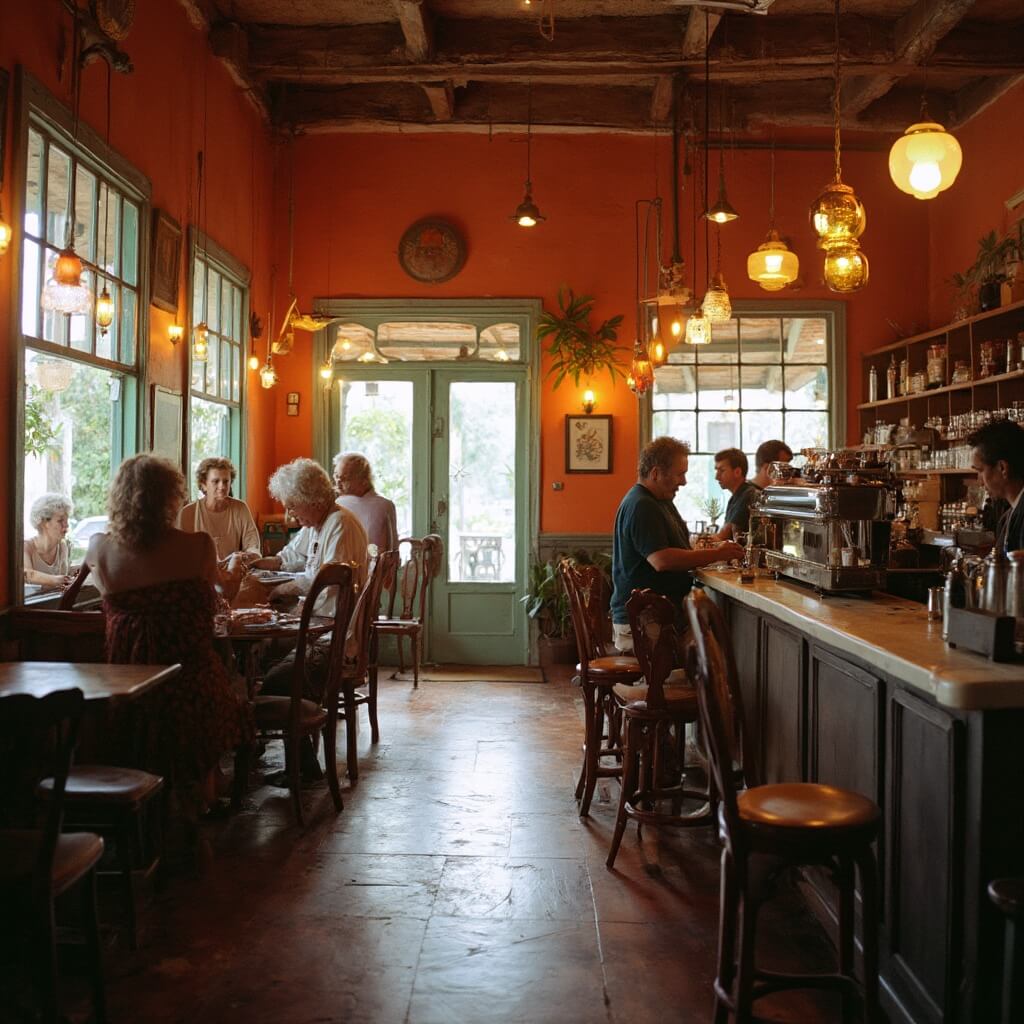 Key West in November: Your Ultimate Tropical Escape Guide Cuban-style cafe interior with terracotta walls, vintage wooden chairs, local patrons chatting, and a detailed counter with traditional coffee-making equipment in Key West neighborhood